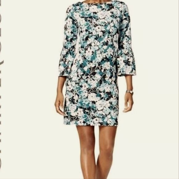 Charter Club Black and Teal Leaf Pattern Dress. Work Perfect. Floral. Soft Girl. - Picture 1 of 13